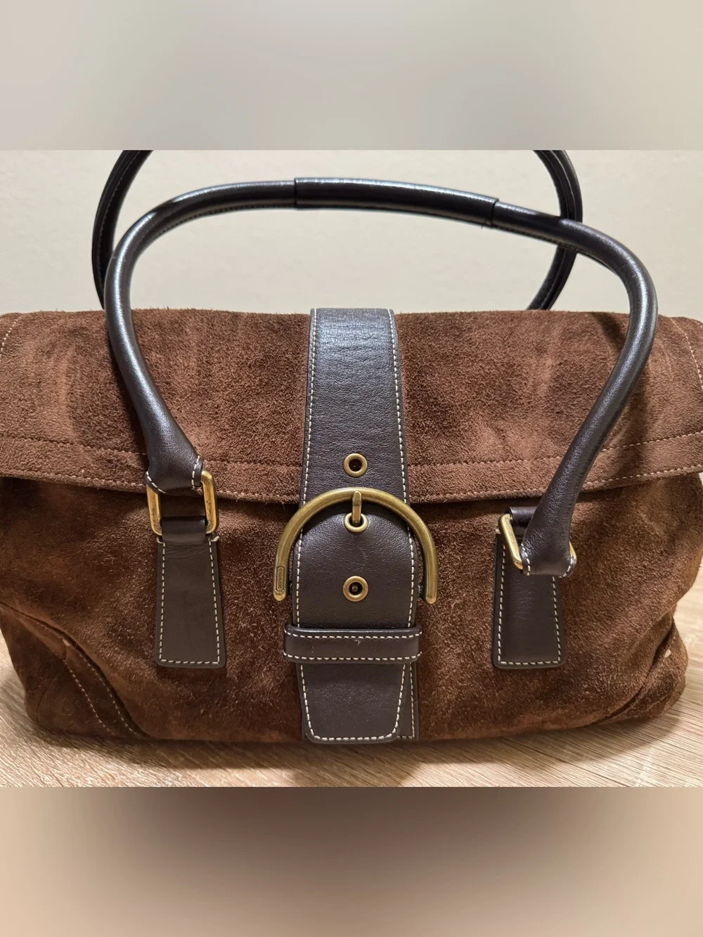 Coach Brown Suede Satchel with Dark Brown Leather Trim and Gold Hardware